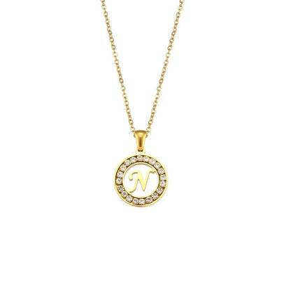 Stainless Steel Necklace, Round Inlaid, Boutique, Elegant Style, Zircon, Alphabet, Plated, Letter, Initial, Die-cut, Fine Jewelry, Unisex, Alphabet, Pendant
