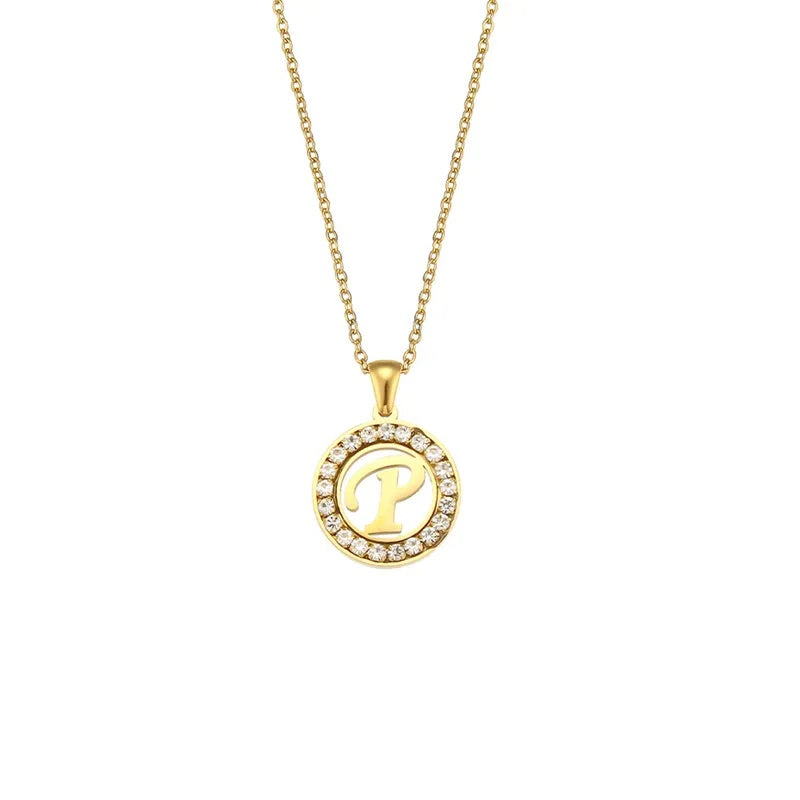 Stainless Steel Necklace, Round Inlaid, Boutique, Elegant Style, Zircon, Alphabet, Plated, Letter, Initial, Die-cut, Fine Jewelry, Unisex, Alphabet, Pendant
