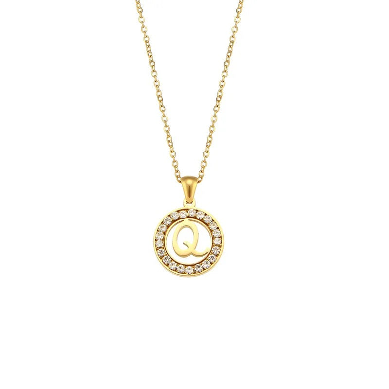 Stainless Steel Necklace, Round Inlaid, Boutique, Elegant Style, Zircon, Alphabet, Plated, Letter, Initial, Die-cut, Fine Jewelry, Unisex, Alphabet, Pendant
