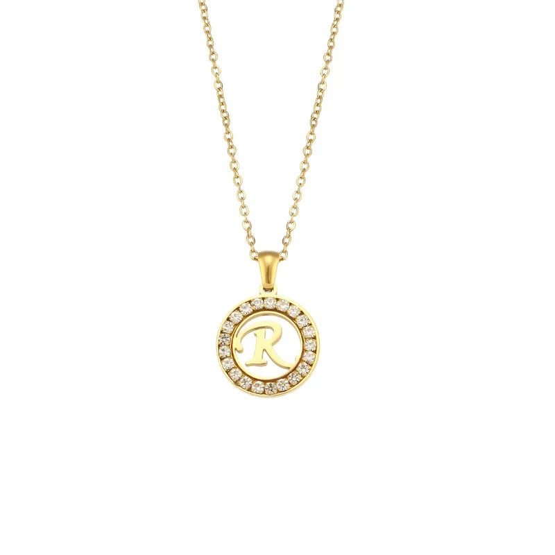 Stainless Steel Necklace, Round Inlaid, Boutique, Elegant Style, Zircon, Alphabet, Plated, Letter, Initial, Die-cut, Fine Jewelry, Unisex, Alphabet, Pendant