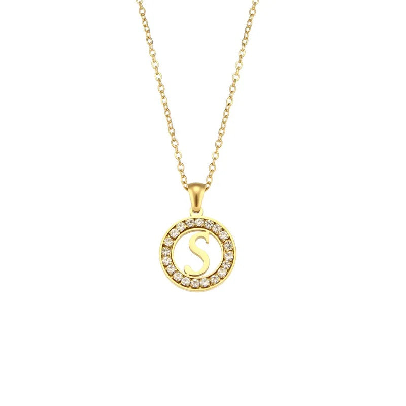 Stainless Steel Necklace, Round Inlaid, Boutique, Elegant Style, Zircon, Alphabet, Plated, Letter, Initial, Die-cut, Fine Jewelry, Unisex, Alphabet, Pendant