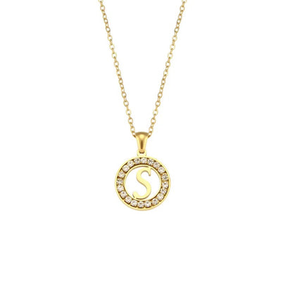 Stainless Steel Necklace, Round Inlaid, Boutique, Elegant Style, Zircon, Alphabet, Plated, Letter, Initial, Die-cut, Fine Jewelry, Unisex, Alphabet, Pendant