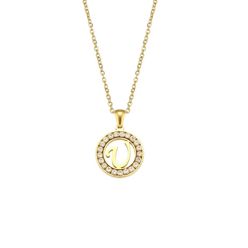 Stainless Steel Necklace, Round Inlaid, Boutique, Elegant Style, Zircon, Alphabet, Plated, Letter, Initial, Die-cut, Fine Jewelry, Unisex, Alphabet, Pendant