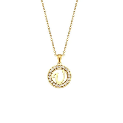 Stainless Steel Necklace, Round Inlaid, Boutique, Elegant Style, Zircon, Alphabet, Plated, Letter, Initial, Die-cut, Fine Jewelry, Unisex, Alphabet, Pendant