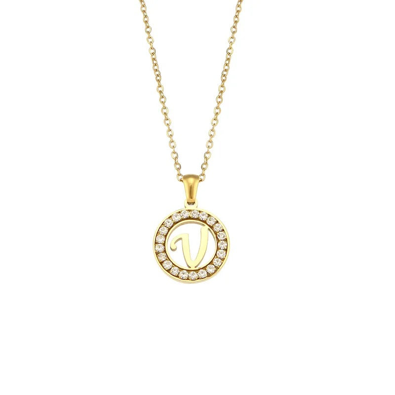Stainless Steel Necklace, Round Inlaid, Boutique, Elegant Style, Zircon, Alphabet, Plated, Letter, Initial, Die-cut, Fine Jewelry, Unisex, Alphabet, Pendant