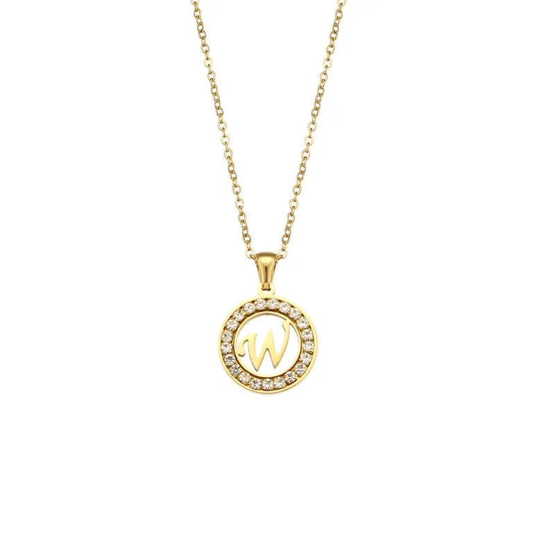 Stainless Steel Necklace, Round Inlaid, Boutique, Elegant Style, Zircon, Alphabet, Plated, Letter, Initial, Die-cut, Fine Jewelry, Unisex, Alphabet, Pendant