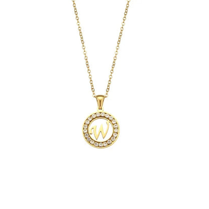 Stainless Steel Necklace, Round Inlaid, Boutique, Elegant Style, Zircon, Alphabet, Plated, Letter, Initial, Die-cut, Fine Jewelry, Unisex, Alphabet, Pendant