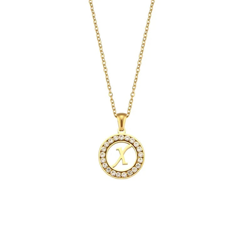 Stainless Steel Necklace, Round Inlaid, Boutique, Elegant Style, Zircon, Alphabet, Plated, Letter, Initial, Die-cut, Fine Jewelry, Unisex, Alphabet, Pendant