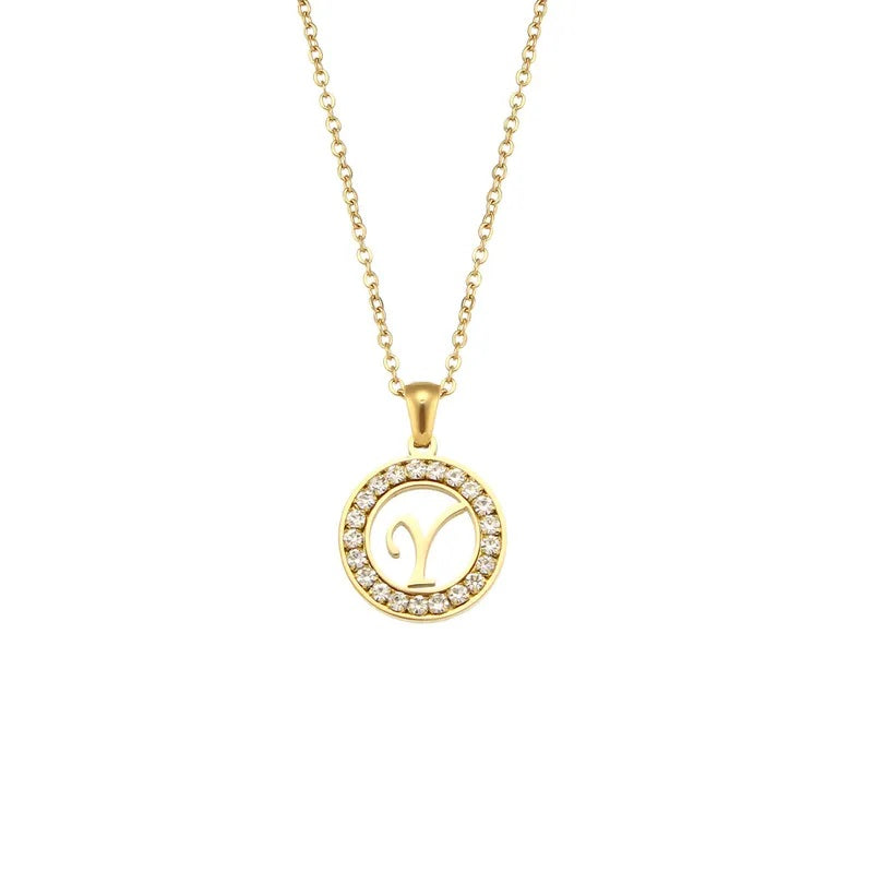 Stainless Steel Necklace, Round Inlaid, Boutique, Elegant Style, Zircon, Alphabet, Plated, Letter, Initial, Die-cut, Fine Jewelry, Unisex, Alphabet, Pendant