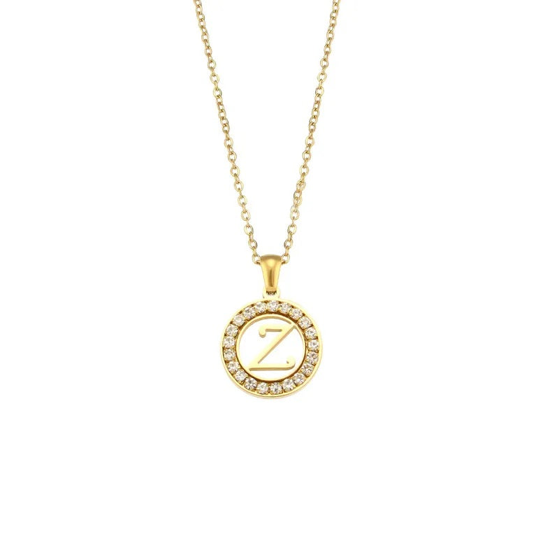 Stainless Steel Necklace, Round Inlaid, Boutique, Elegant Style, Zircon, Alphabet, Plated, Letter, Initial, Die-cut, Fine Jewelry, Unisex, Alphabet, Pendant
