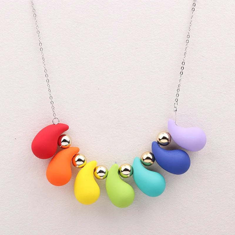Fashion Necklace, Fantasy Jewelry, Casual Style, Water Drops, Beads, Acrylic, Rainbow, Alloy, Unisex, Pendant, Solid Color, Multicolor