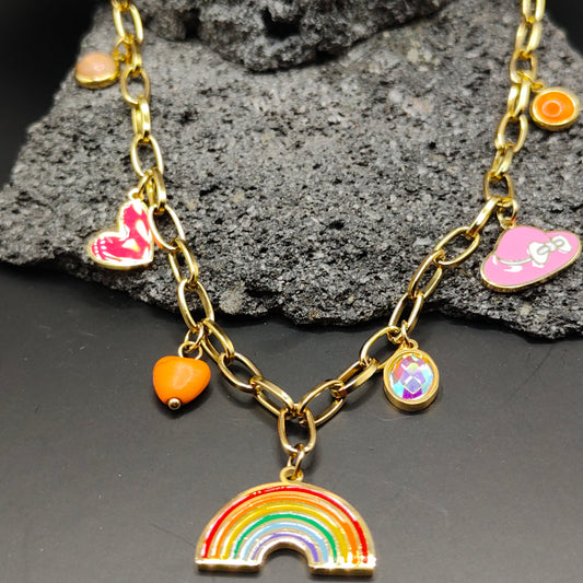 Collar de Acero Inoxidable 304, Color Dorado, Estilo Moderno, Boutique, Arcoíris, Tendencia, Dijes, Multicolor, Corazón, Sombrero, Unisexo, Moda