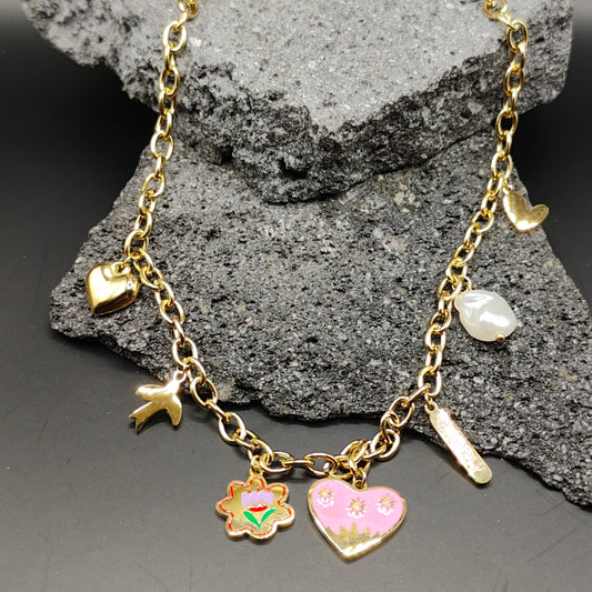 Collar de Acero Inoxidable 304, Color Dorado, Estilo Moderno, Flor, Ave, Tendencia, Dijes, Letras, Multicolor, Perla, Corazón, Unisexo