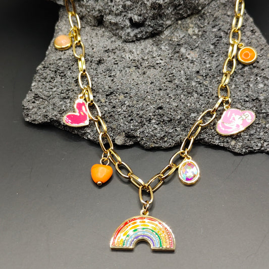 Collar de Acero Inoxidable 304, Color Dorado, Estilo Moderno, Arcoíris, Tendencia, Dijes, Multicolor, Corazón, Sombrero, Unisexo