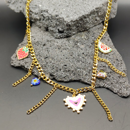 Collar de Acero Inoxidable 304, Color Dorado, Estilo Moderno, Fruta, Tendencia, Dijes, Corazón, Multicolor, Esmalte, Mariposa, Unisexo