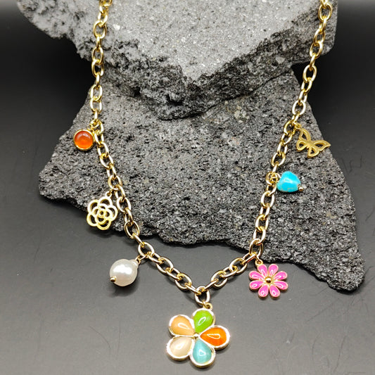 Collar de Acero Inoxidable 304, Color Dorado, Estilo Moderno, Flor, Tendencia, Dijes, Corazón, Multicolor, Perla, Unisexo
