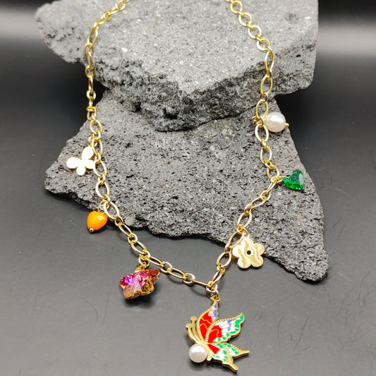 Collar de Acero Inoxidable 304, Color Dorado, Estilo Moderno, Flor, Tendencia, Dijes, Corazón, Multicolor, Perla, Mariposa, Unisexo