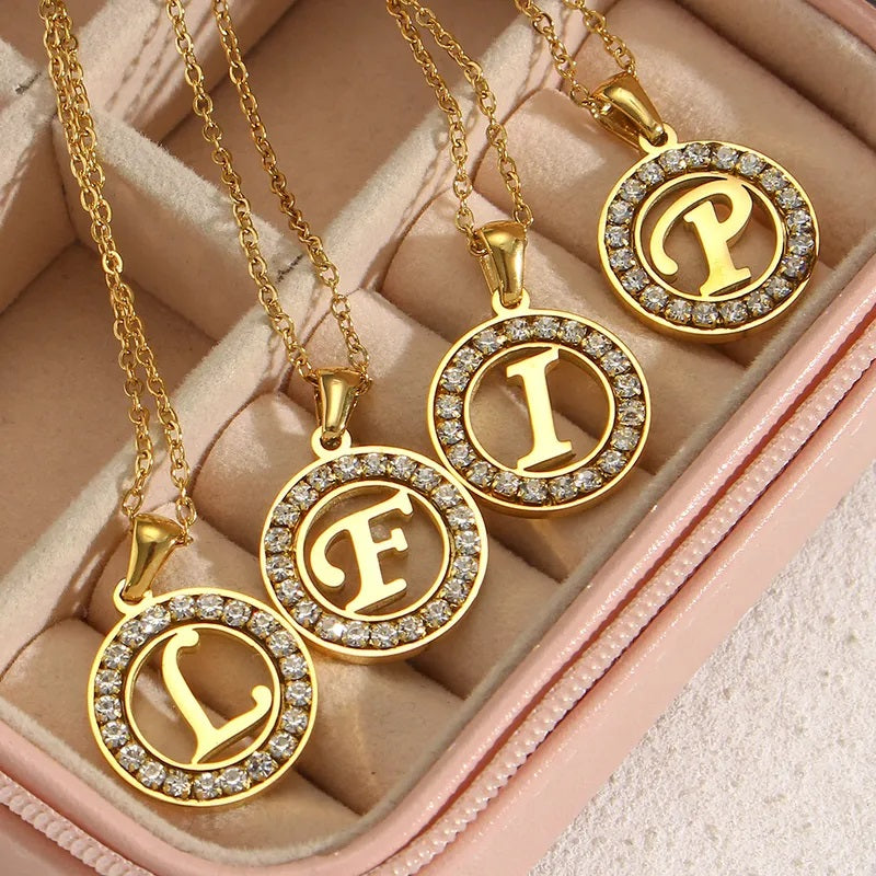 Stainless Steel Necklace, Round Inlaid, Boutique, Elegant Style, Zircon, Alphabet, Plated, Letter, Initial, Die-cut, Fine Jewelry, Unisex, Alphabet, Pendant