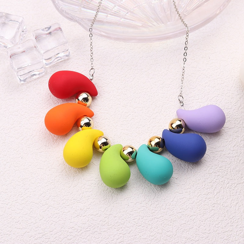 Fashion Necklace, Fantasy Jewelry, Casual Style, Water Drops, Beads, Acrylic, Rainbow, Alloy, Unisex, Pendant, Solid Color, Multicolor