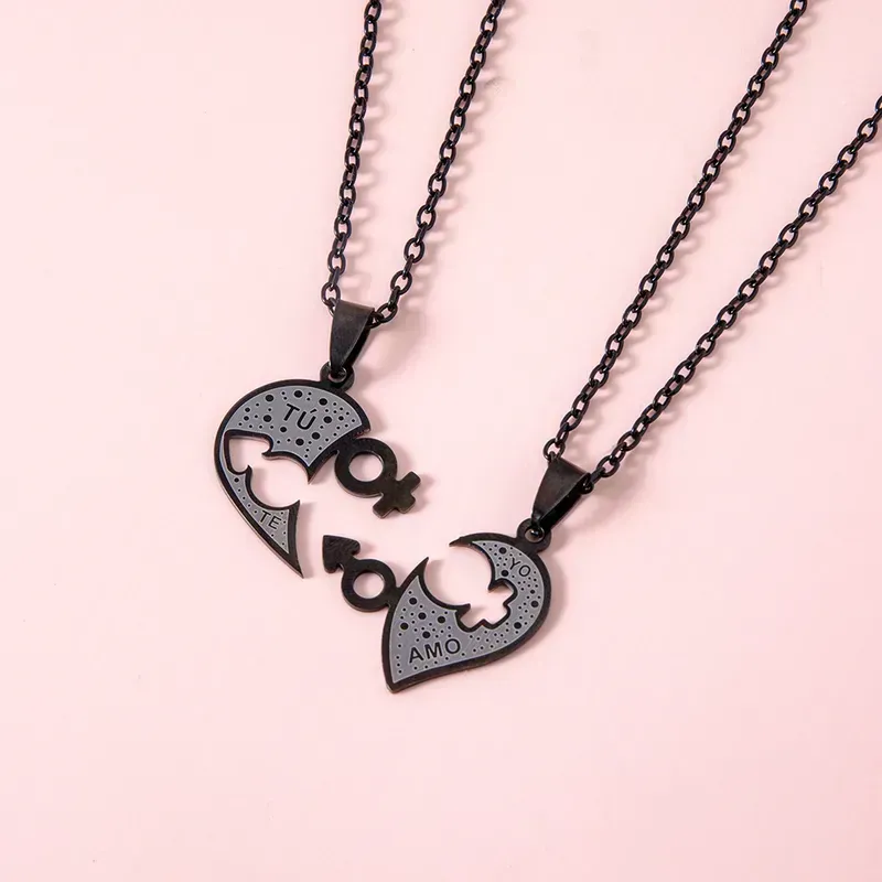 Necklace for Couples, Duo, Engraved Phrase, Heart Shape, Signs, Thick Chain, Gift, Boyfriends, Husbands, Daily Use, Pendant, Fashion