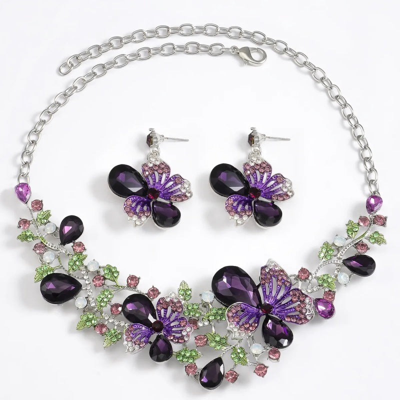 Jewelry Set, Fashion, Fantasy Jewelry, Set, Elegant Style, Flower Shape, Rhinestone, Pendant, Alloy, Unisex, Earrings