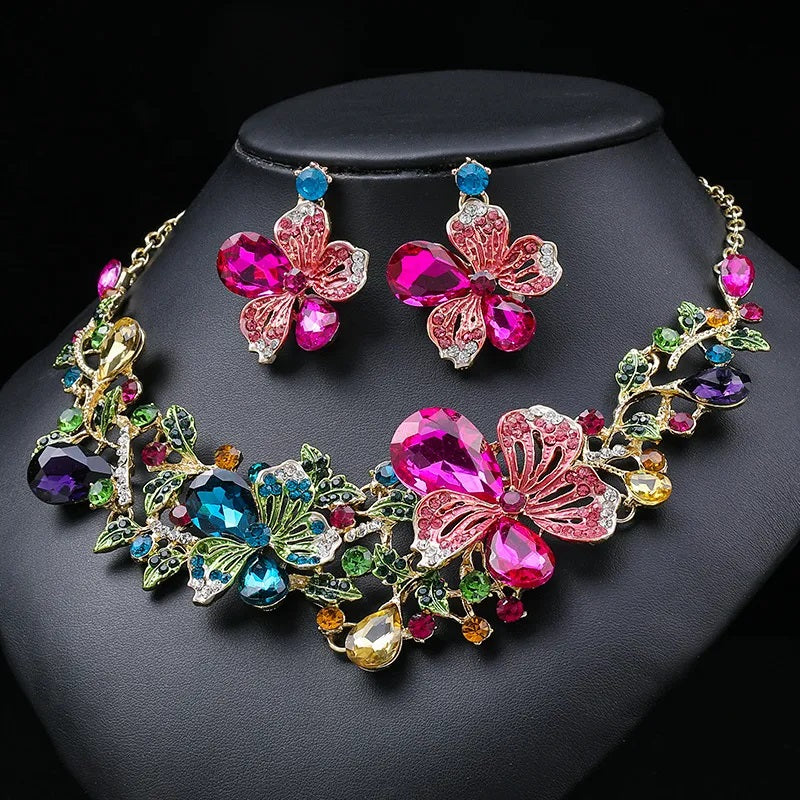 Jewelry Set, Fashion, Fantasy Jewelry, Set, Elegant Style, Flower Shape, Rhinestone, Pendant, Alloy, Unisex, Earrings