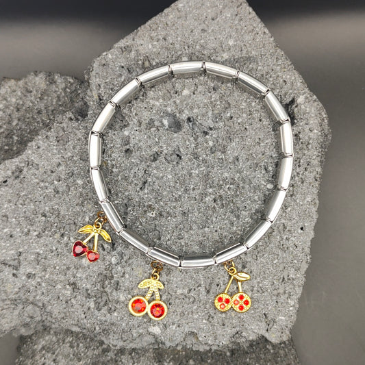 Pulsera de Acero Inoxidable 304, Estilo Italiano, Boutique, Dijes Colgantes, Cerezas, Unisexo, Tendencia, Moda