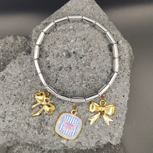 Pulsera de Acero Inoxidable 304, Estilo Italiano, Boutique, Dijes Colgantes, Mariposa, Unisexo, Moño, Coquette, Tendencia, Nudo de Lazo, Moda