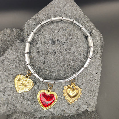 Pulsera de Acero Inoxidable 304, Estilo Italiano, Boutique, Dijes Colgantes, Corazones, Unisexo, Tendencia, Relieves, Moda