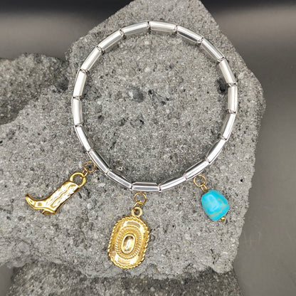 Pulsera de Acero Inoxidable 304, Estilo Italiano, Boutique, Dijes Colgantes, Botas, Sombrero, Vaquero, Unisexo, Tendencia, Piedra Natural, Moda