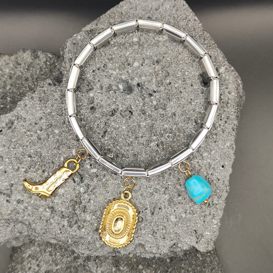 Pulsera de Acero Inoxidable 304, Estilo Italiano, Boutique, Dijes Colgantes, Botas, Sombrero, Vaquero, Unisexo, Tendencia, Piedra Natural, Moda