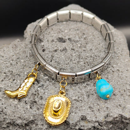 Pulsera de Acero Inoxidable 304, Estilo Italiano, Boutique, Dijes Colgantes, Botas, Sombrero, Vaquero, Unisexo, Tendencia, Piedra Natural, Moda