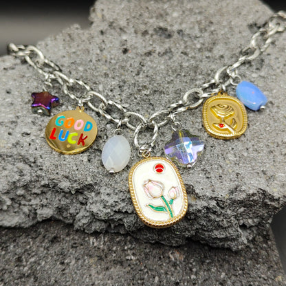 Pulsera de Acero Inoxidable 304, Color Plateado, Dorado, Estilo Elegante, Tendencia, Dijes con Diseño Floral, Buena Suerte, Piedra Artificial, Unisexo