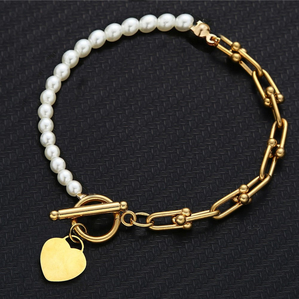 Stainless Steel Bracelet, Boutique, Fine Jewelry, Elegant Style, Unisex, Pearl, Fashion, Solid Color, Pendant, Heart Shape