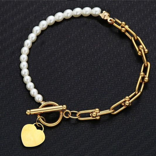 Pulsera de Acero Inoxidable, Boutique, Bisutería Fina, Estilo Elegante, Unisexo, Perla, Moda, Color Sólido, Colgante, Forma de Corazón