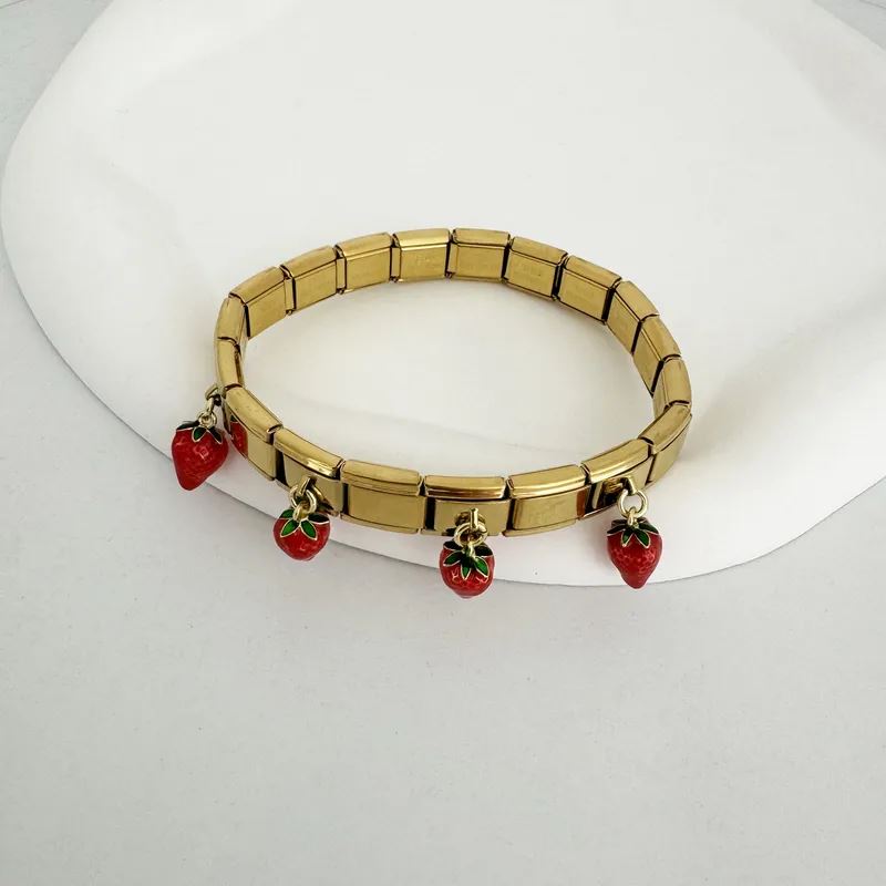 Stainless Steel Bracelet, Boutique, Plating, Fine Jewelry, Italian Style, Cherry, Strawberry, Unisex, Fashion, Fruit Pendant