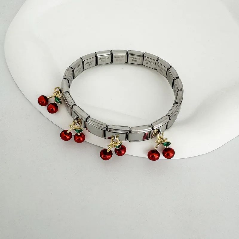 Stainless Steel Bracelet, Boutique, Plating, Fine Jewelry, Italian Style, Cherry, Strawberry, Unisex, Fashion, Fruit Pendant