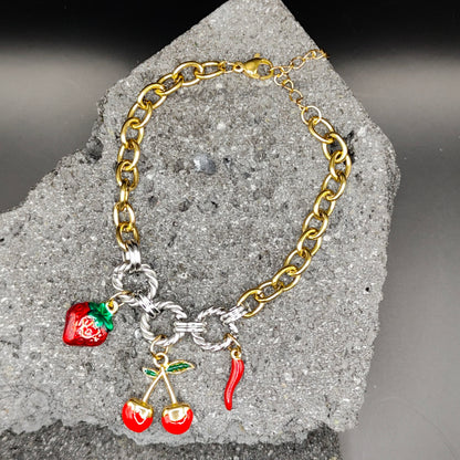 Pulsera de Acero Inoxidable 304, Color Dorado, Plateado, Estilo Elegante, Boutique, Tendencia, Dijes, Frutas, Titanio, Piedra Artificial, Unisexo, Moda, Dos Tonos