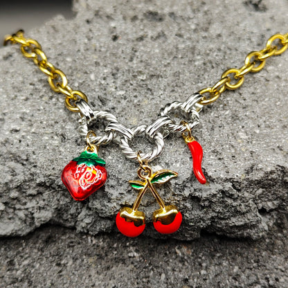 Pulsera de Acero Inoxidable 304, Color Dorado, Plateado, Estilo Elegante, Boutique, Tendencia, Dijes, Frutas, Titanio, Piedra Artificial, Unisexo, Moda, Dos Tonos