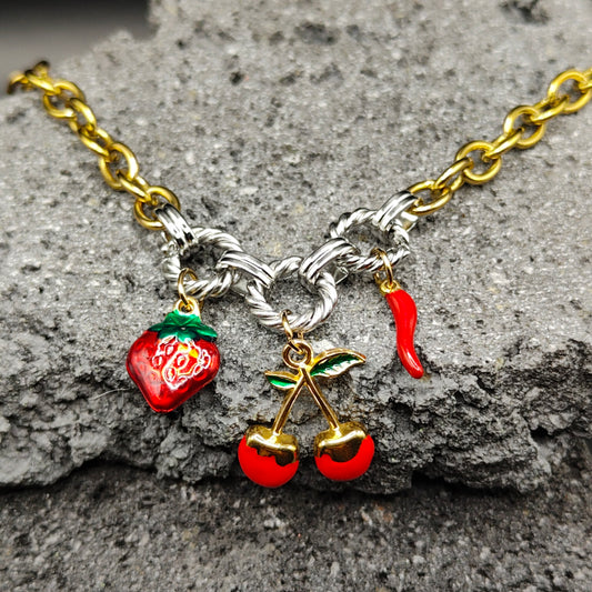 Pulsera de Acero Inoxidable 304, Color Dorado, Plateado, Estilo Elegante, Boutique, Tendencia, Dijes, Frutas, Titanio, Piedra Artificial, Unisexo, Moda, Dos Tonos
