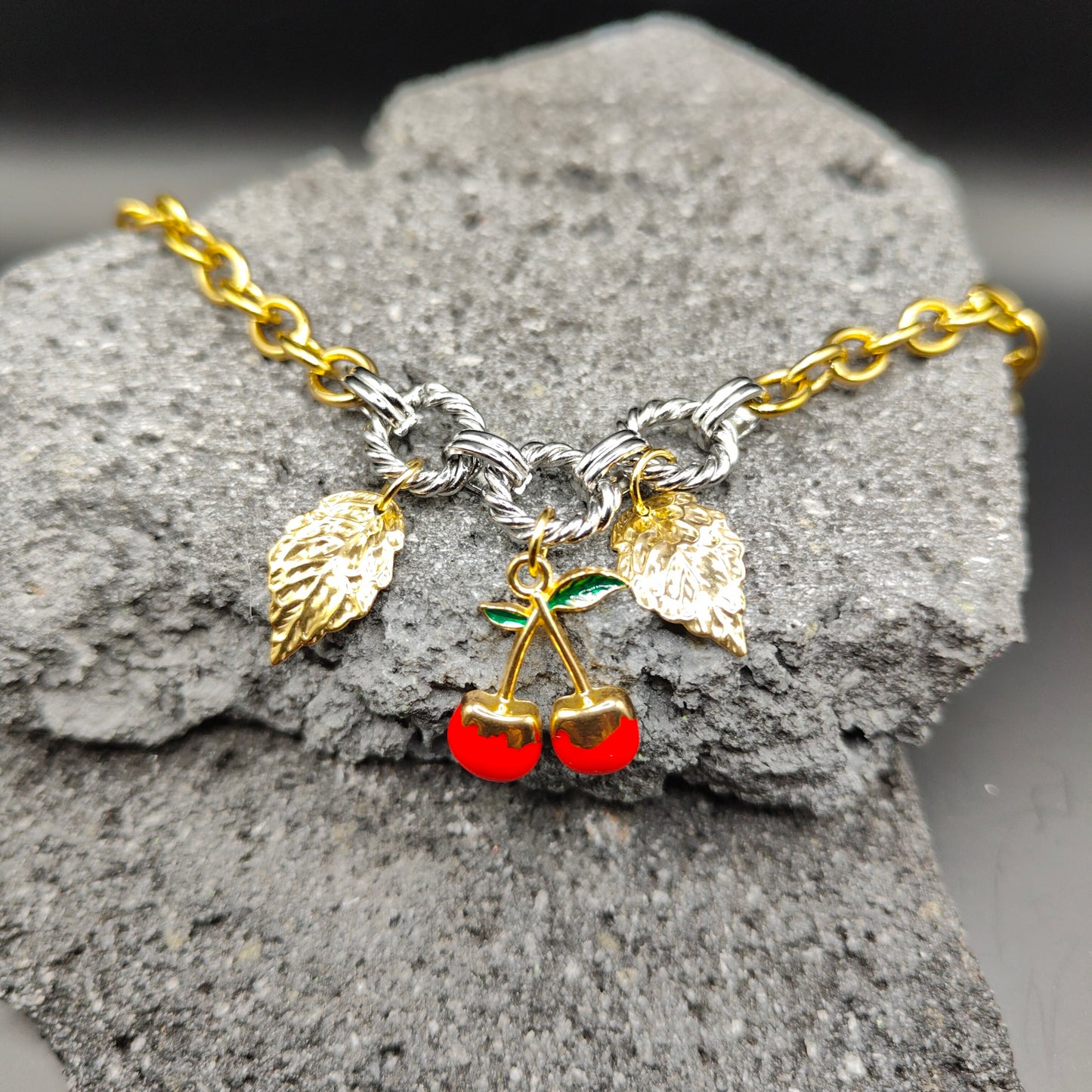 Pulsera de Acero Inoxidable 304, Color Dorado, Plateado, Estilo Elegante, Boutique, Tendencia, Dijes, Hojas, Titanio, Piedra Artificial, Frutas, Unisexo, Moda, Dos Tonos