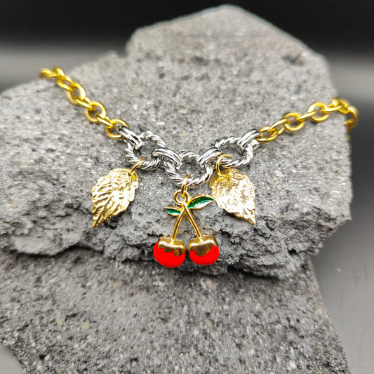 Pulsera de Acero Inoxidable 304, Color Dorado, Plateado, Estilo Elegante, Boutique, Tendencia, Dijes, Hojas, Titanio, Piedra Artificial, Frutas, Unisexo, Moda, Dos Tonos