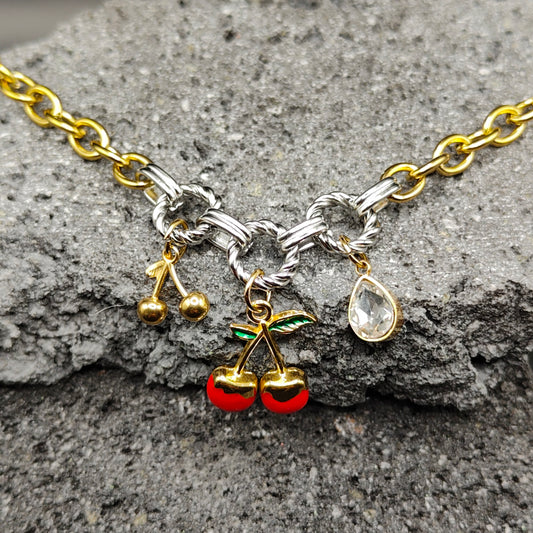 Pulsera de Acero Inoxidable 304, Color Dorado, Plateado, Estilo Elegante, Boutique, Tendencia, Dijes, Titanio, Piedra Artificial, Frutas, Unisexo, Moda, Dos Tonos