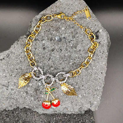 Pulsera de Acero Inoxidable 304, Color Dorado, Plateado, Estilo Elegante, Boutique, Tendencia, Dijes, Hojas, Titanio, Piedra Artificial, Frutas, Unisexo, Moda, Dos Tonos