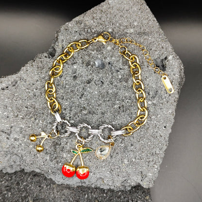 Pulsera de Acero Inoxidable 304, Color Dorado, Plateado, Estilo Elegante, Boutique, Tendencia, Dijes, Titanio, Piedra Artificial, Frutas, Unisexo, Moda, Dos Tonos