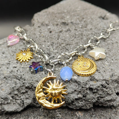Pulsera de Acero Inoxidable 304, Color Plateado, Dorado, Estilo Elegante, Boutique, Tendencia, Dijes, Luna, Piedra Artificial, Unisexo, Moda, Dos Tonos