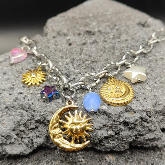 Pulsera de Acero Inoxidable 304, Color Plateado, Dorado, Estilo Elegante, Boutique, Tendencia, Dijes, Luna, Piedra Artificial, Unisexo, Moda, Dos Tonos