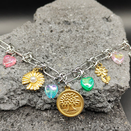 Pulsera de Acero Inoxidable 304, Color Plateado, Dorado, Estilo Elegante, Boutique, Tendencia, Dijes con Forma de Corazón, Piedra Artificial, Árbol, Flor, Unisexo, Moda, Dos Tonos
