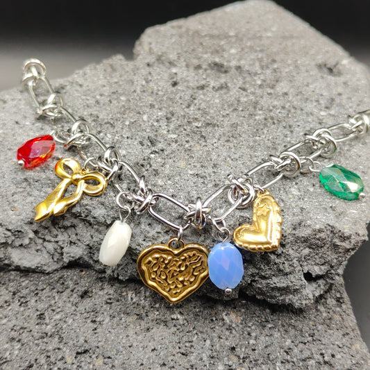 Pulsera de Acero Inoxidable 304, Color Plateado, Dorado, Estilo Elegante, Boutique, Tendencia, Dijes con Forma de Corazón, Moño, Piedra Artificial, Gota, Unisexo, Moda, Dos Tonos
