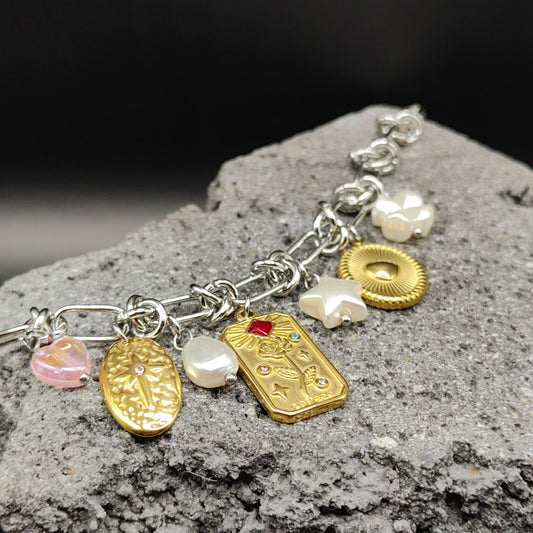 Pulsera de Acero Inoxidable 304, Color Plateado, Dorado, Estilo Elegante, Boutique, Tendencia, Dijes, Trébol, Piedra Artificial, Estrella, Unisexo, Moda, Dos Tonos